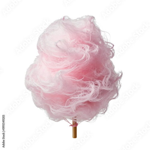 Fluffy cotton candy on a wooden stick isolated on white background, studio shot