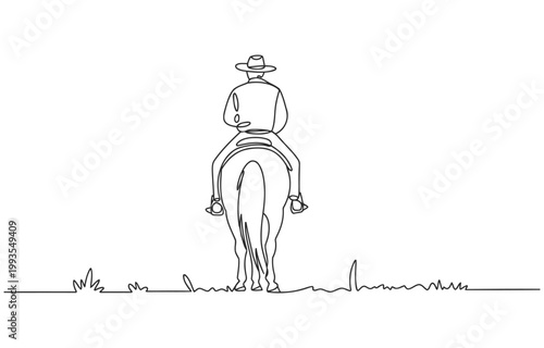 Outline illustration of a cowboy mounted on a horse seen from behind minimalist line art with one line continuous minimalist illustration traditional equestrian outdoors countryside
