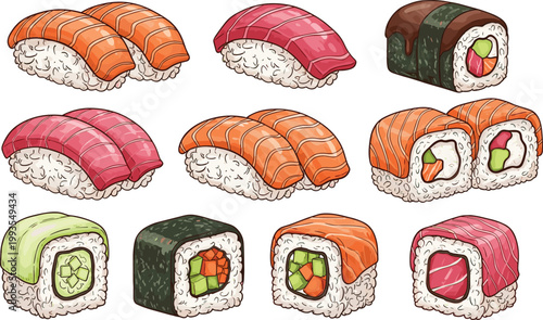 Sushi Icon Set with Nigiri and Maki Rolls Featuring Salmon Tuna Avocado Japanese Food Collection for Menu Design
