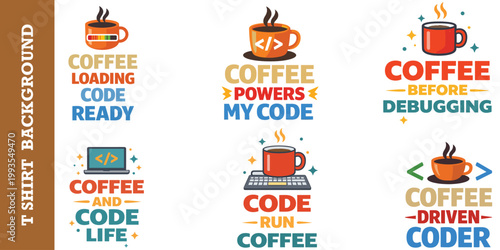 Coffee and coding t-shirt graphics featuring various mug designs and programmer phrases.