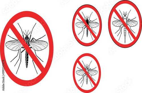 Anti Mosquito Warning Sign Icon Set with Red Prohibited Symbols for Pest Control, Health Protection, Malaria Awareness, and Insect Repellent Product Designs