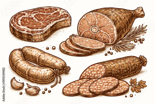 Vintage Woodcut Style Illustration Collection of Assorted Meat Products Featuring Beef Steak, Smoked Ham, Linked Sausages, and Salami Slices with Garlic and Herbs for Butcher Shop and Deli.