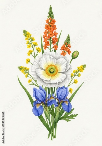 Colorful botanical bouquet features white poppies, blue irises, and orange wildflowers on a textured cream background.
