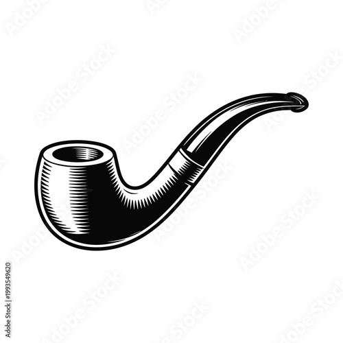 A vintage illustration depicts a classic curved smoking pipe in black and white