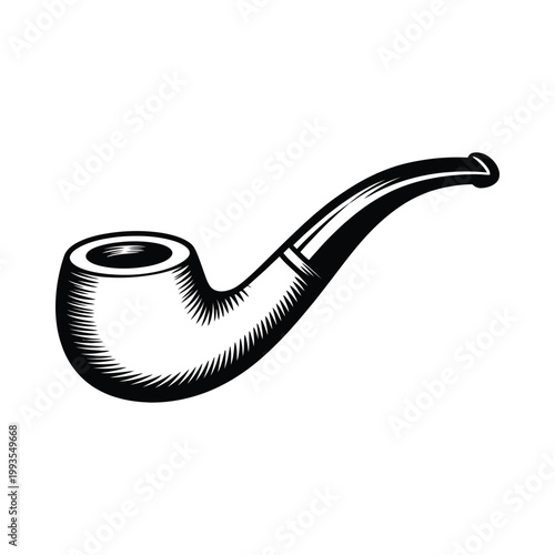 A detailed black and white illustration depicts a classic curved smoking pipe
