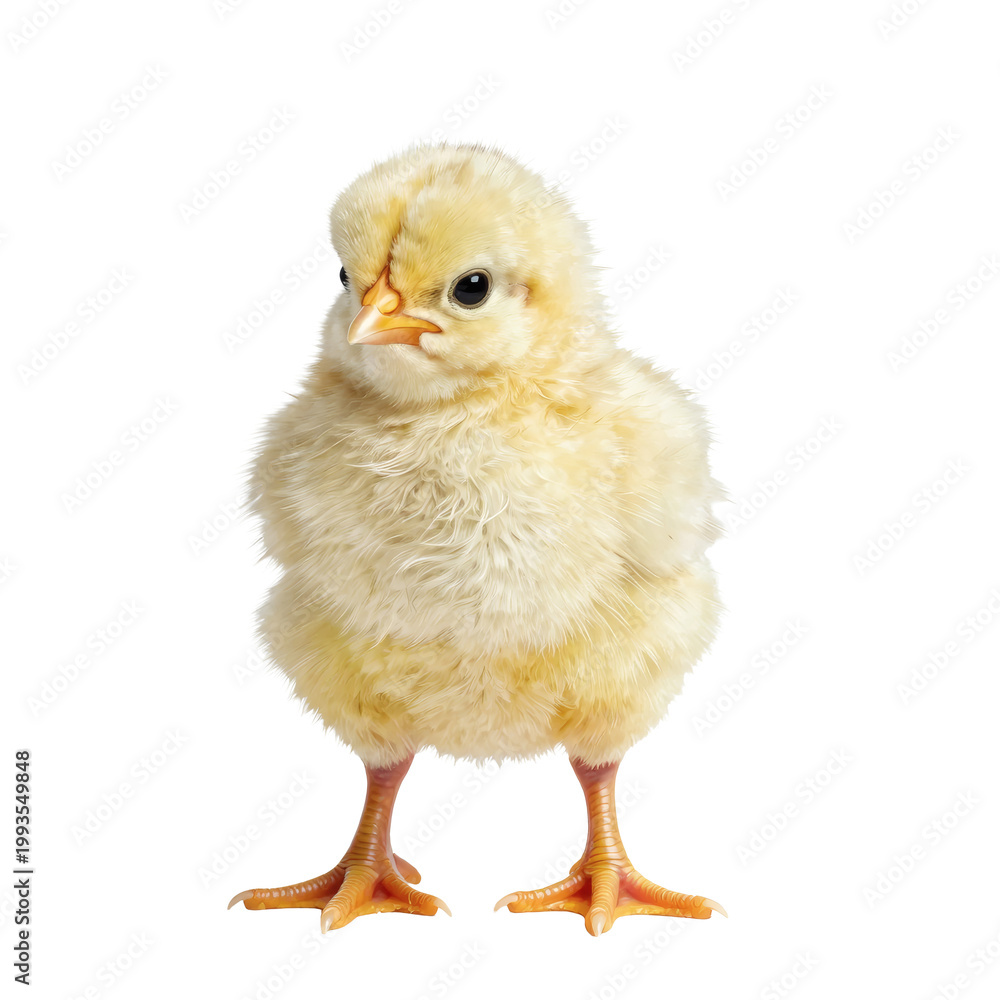 Fototapeta premium Fluffy yellow chick stands tall on its feet with a curious gaze