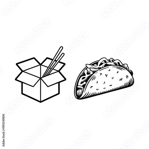 A black and white illustration depicts a takeout box with chopsticks and a taco