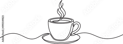 Minimalist single line drawing of a steaming cup of coffee on a saucer isolated on transparent background