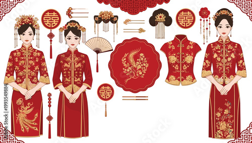 Traditional Chinese Wedding Bride Character Set with Elegant Red Qipao Dresses, Phoenix Embroidery, Golden Hair Accessories, and Cultural Marriage Celebration Decorative Elements