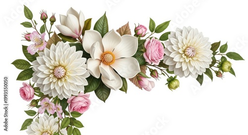 Beautiful floral arrangement features delicate white dahlias and soft pink roses on a clean white background.