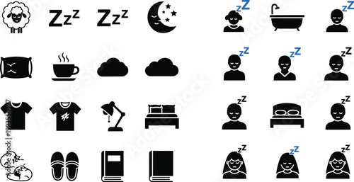 Sleep and bedtime icon set featuring insomnia dreams night routine rest relaxation and sleeping people symbols vector illustration