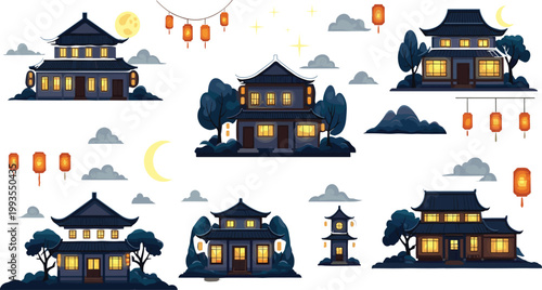 Traditional Asian Pagoda House Vector Set with Chinese Lanterns, Moon, Clouds, and Night Scenery for Mid-Autumn Festival and Lunar New Year Designs
