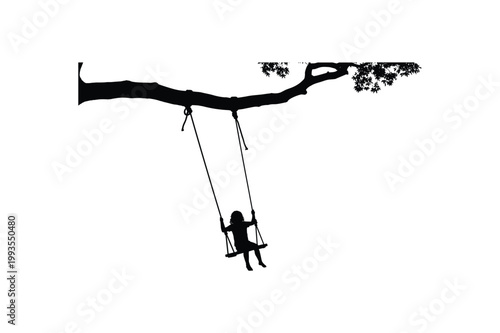Silhouette of child sitting on wooden swing hanging from large tree branch outdoors