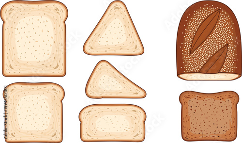 Assorted Bread Slice Vector Set Featuring Whole Wheat Toast, Sandwich Triangles, Multigrain Slices, and Seeded Artisanal Loaf for Bakery Menus and Culinary Designs