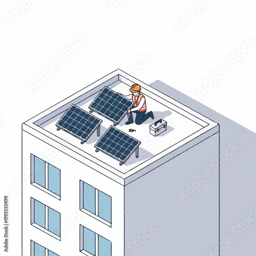 Worker installing solar panels on a rooftop for renewable energy.