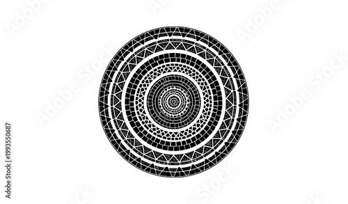 Layered mosaic mandala with concentric geometric rings black and white vector background