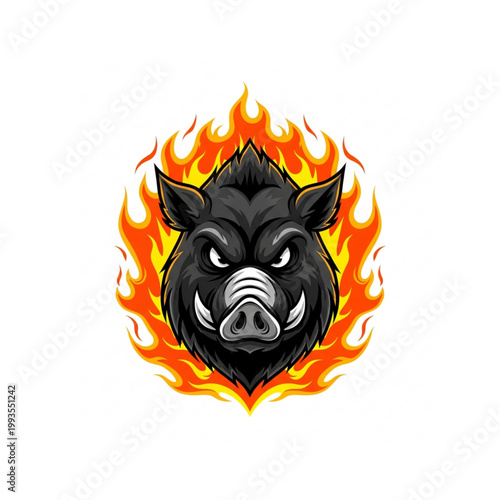 Ferocious Hog in Flames: A stylized illustration of a formidable hog, its face etched with intensity, framed by vibrant, fiery flames, embodying untamed power.