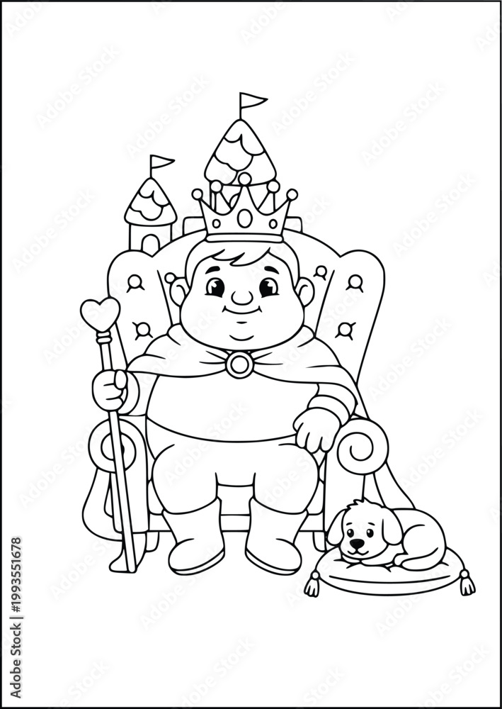 Fototapeta premium Kind king on throne with puppy coloring page for kids