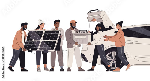 Diverse team collaborating to set up portable solar panels and power station for sustainable energy solutions, promoting clean power and environmental responsibility.