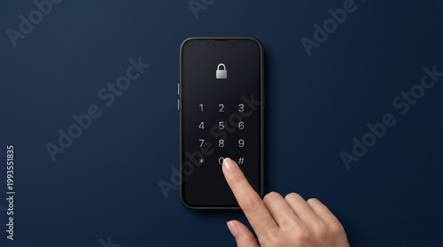 Close-up of finger pressing number on smartphone screen displaying a security lock and keypad