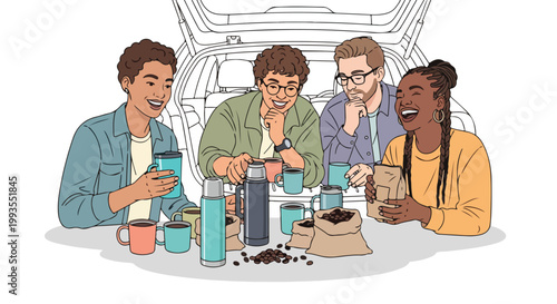 Diverse group of friends enjoying coffee tasting outdoors from a car trunk, illustration style