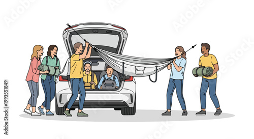 Diverse group of friends and family setting up a portable hammock for outdoor adventure and camping trip with car.