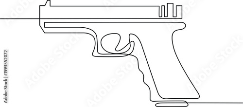 A detailed line drawing of a handgun with a visible trigger and safety mechanism. Vector