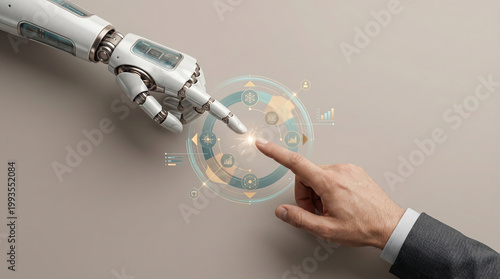 Robot hand and human finger touching digital globe with icons representing global technology and connection