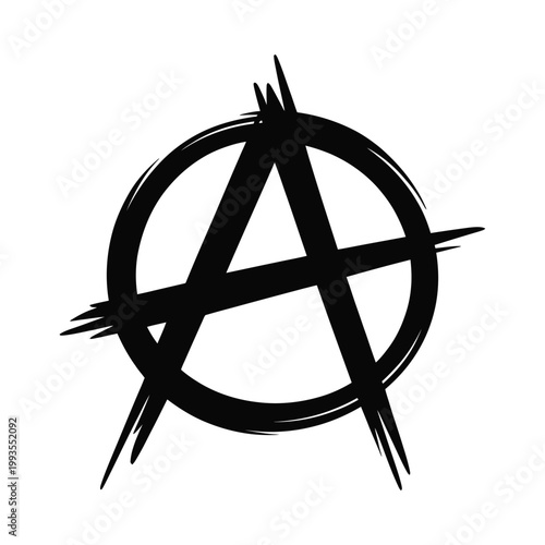 A stark black and white depiction of the encircled a anarchist symbol boldly presented