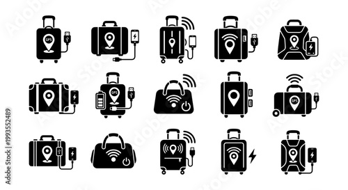 Fotografia Smart Luggage Icons Set, Travel Bag Technology, GPS Tracking, Connectivity, Vect