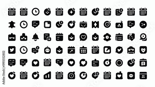 Set of 64 Black Calendar and Time Management Vector Icons
