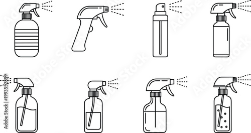 Spray bottle and cleaning dispenser icon set featuring trigger sprayers liquid containers and household tools outline vector illustration