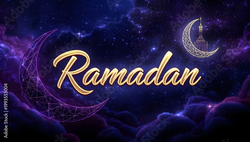 Ramadan Kareem Celebration with Crescent Moons and Starry Sky