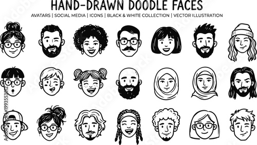 Hand-drawn doodle faces collection, black and white avatars
