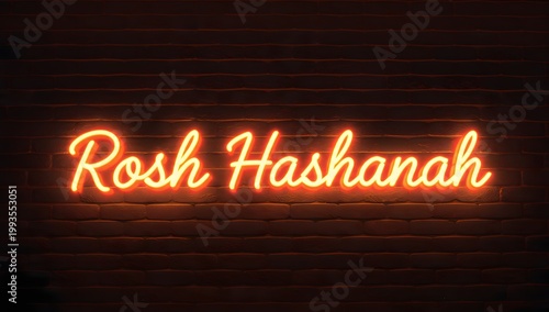 Rosh Hashanah neon sign on brick wall background