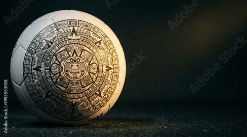 White soccer ball featuring an intricate Aztec calendar design under dramatic warm spotlight. Unique fusion of Mexican heritage and sports culture on a dark background with copy space for text.