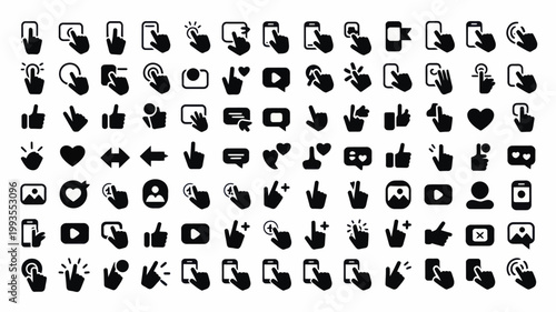 Set of 96 Black Hand Touch Gesture and Smartphone Interaction Icons Vector