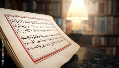 A well-preserved Coptic codex open to an elegantly handwritten page of ancient script, bathed in warm light from a nearby lamp in a library.