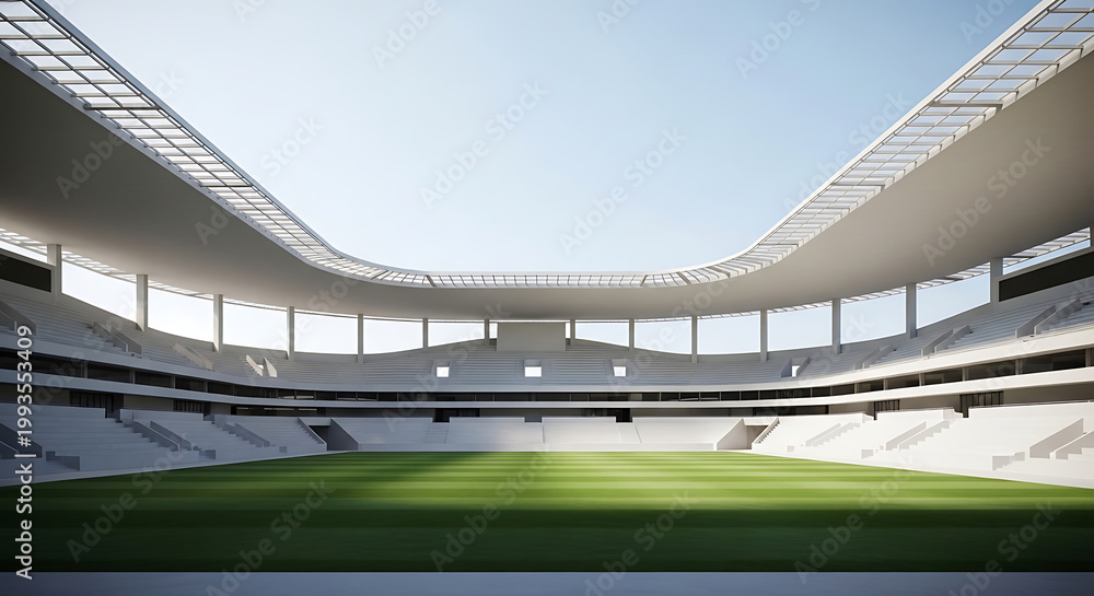 Fototapeta premium Spectacular view of a modern stadium with green field and blue sky