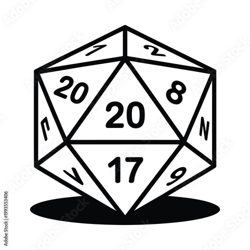 A black and white illustration depicts a twenty sided die commonly used in roleplaying games