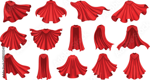 Flowing red fabric drapery collection with realistic cloth folds elegant textile waves dynamic motion vector illustration set