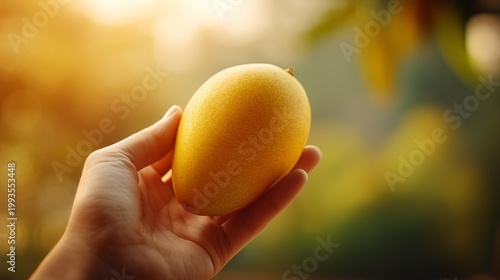 Ripe mango in hand with warm sunlight, healthy summer lifestyle