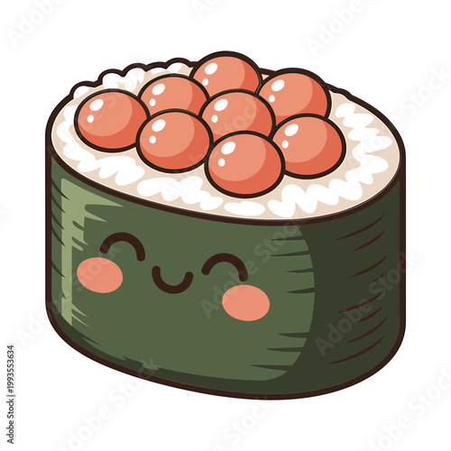 A cheerful cartoon sushi roll topped with vibrant orange salmon roe