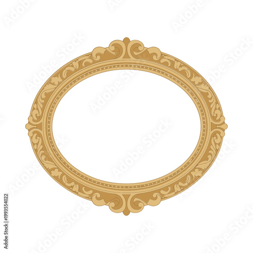 An ornate golden oval frame isolated on a plain white background ready for a picture