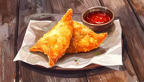 Golden Fried Wontons: Crispy Edges, Delightful Crunch, Served with Savory Red Dipping Sauce on a Rustic Wooden Table.