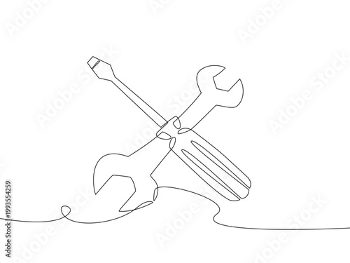 Minimal continuous one line drawing of crossed wrench and screwdriver, representing repair, maintenance, and technical service. Clean outline vector with modern simple style.