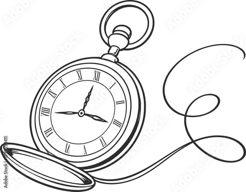 Vintage Pocket Watch Line Art Illustration, Elegant Antique Timepiece Sketch Design.