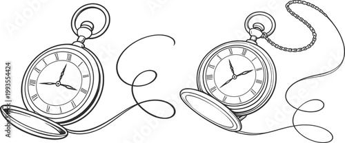 Vintage Pocket Watch Line Art Illustration, Elegant Antique Timepiece Sketch Design.