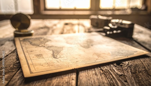 Vintage World Map and Antique Compass on Rustic Wooden Table, Inspiring Adventure and Exploration