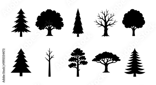 Black tree silhouettes set, 10 forest tree icons in vector format, minimalist pine and deciduous tree shapes, natural landscape design elements